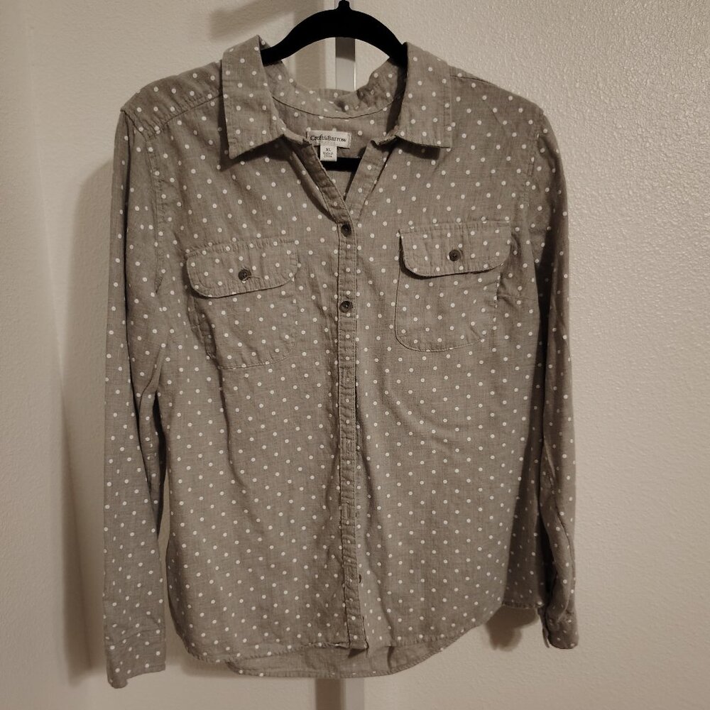 Croft & Barrow Women's Long Sleeve Button Front Top Size XL Gray Polka Dots